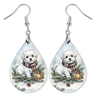 Maltese Winter Woodland teardrop earrings with silver-tone hooks