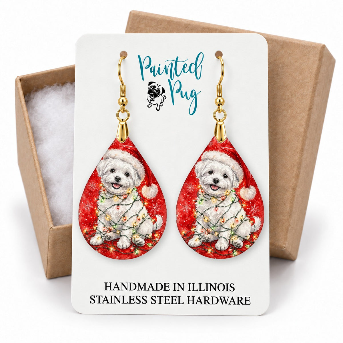 Maltese Christmas Lights teardrop earrings on a gift box card