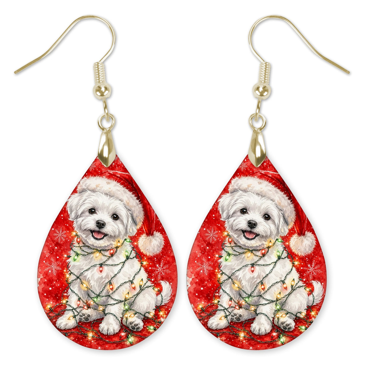 Maltese Christmas Lights teardrop earrings with gold-tone hooks