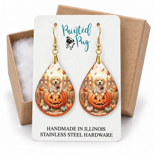 Golden Retriever Pumpkin Teardrop Earrings gift box