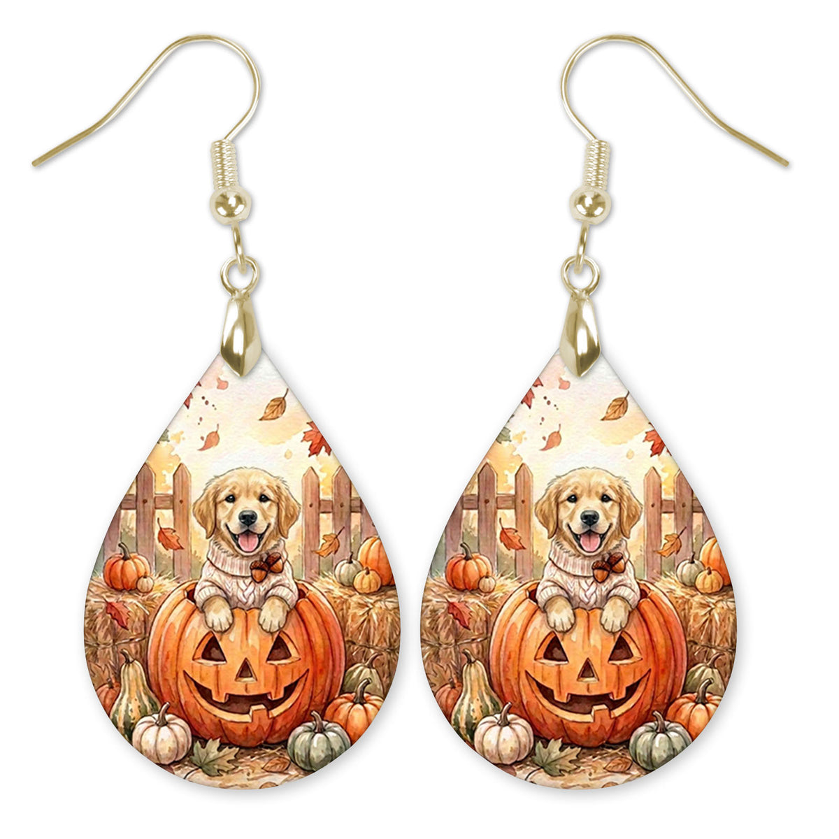 Golden retriever in a jack-o-lantern teardrop earrings with gold hooks
