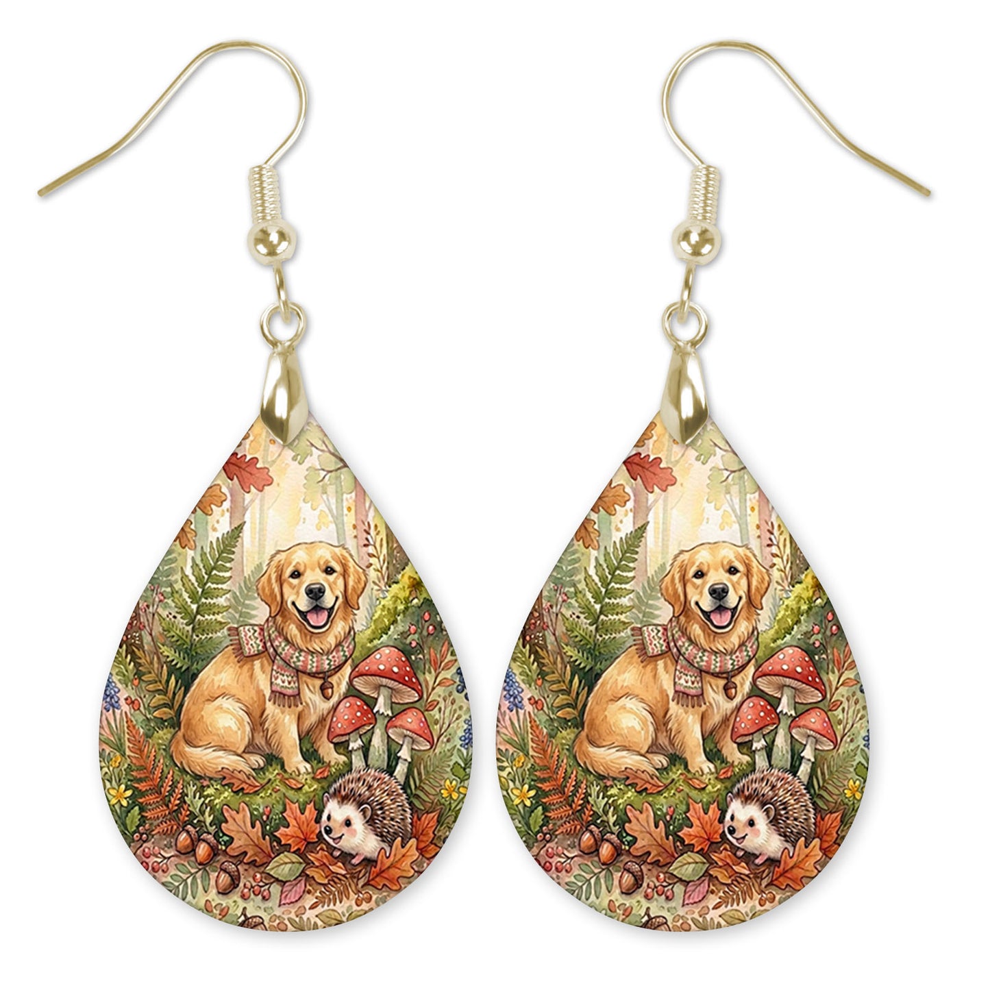 Golden retriever woodland teardrop earrings with gold hooks