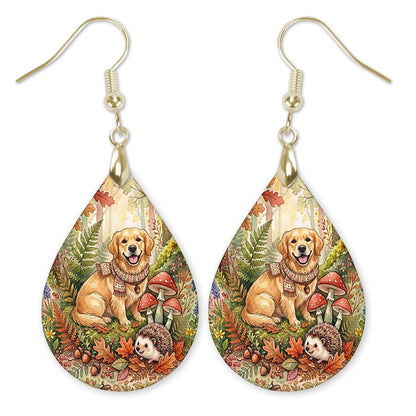 Golden retriever woodland teardrop earrings with gold hooks