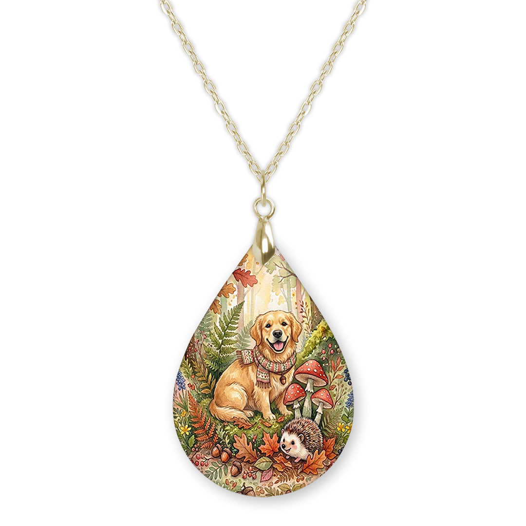 Golden retriever woodland teardrop necklace on a gold chain
