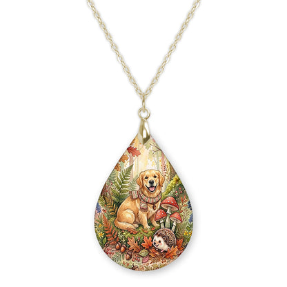 Golden retriever woodland teardrop necklace on a gold chain
