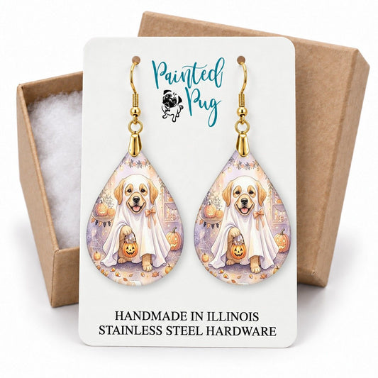 Golden Retriever Ghost Teardrop Earrings gift box