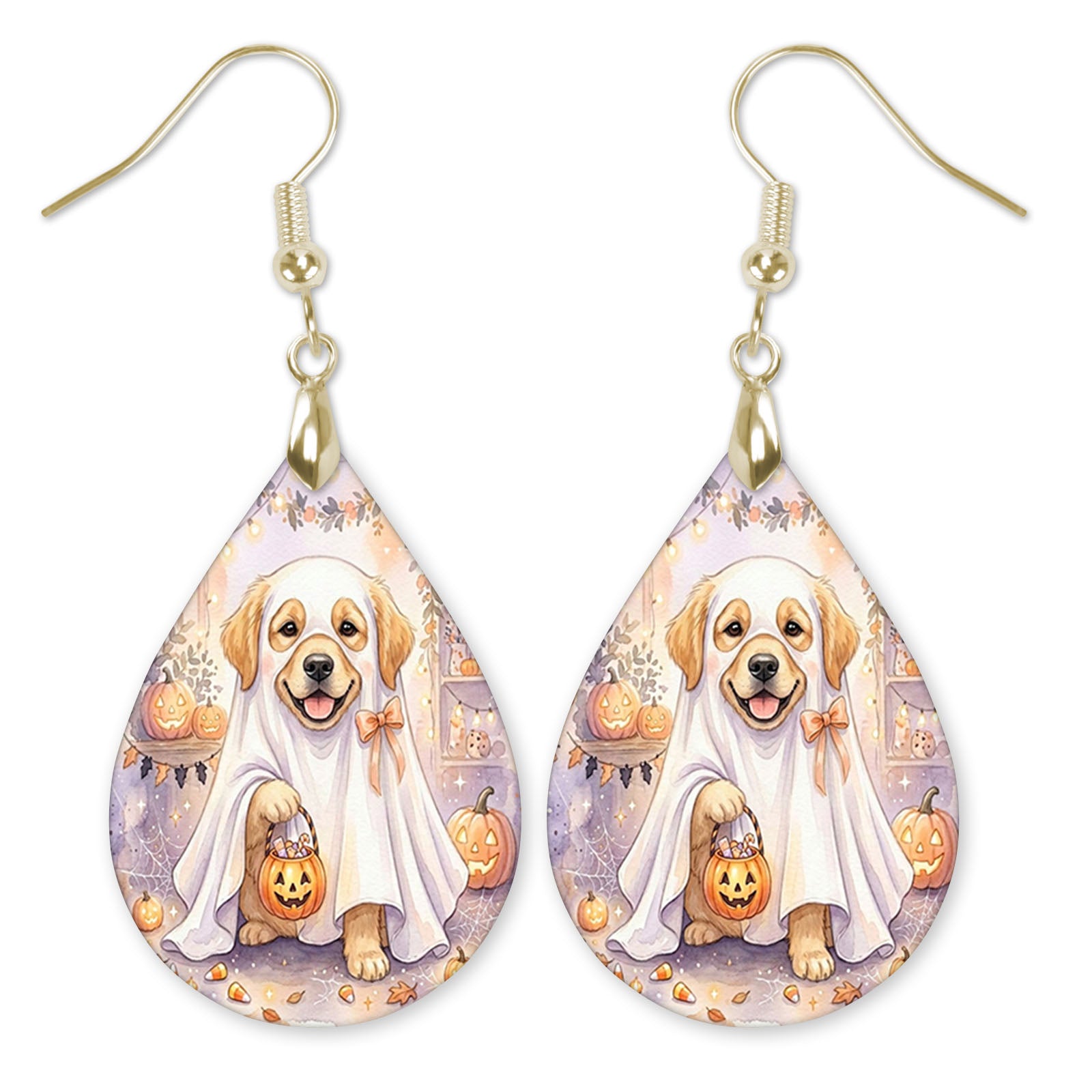 Golden retriever in a ghost costume teardrop earrings with gold hooks