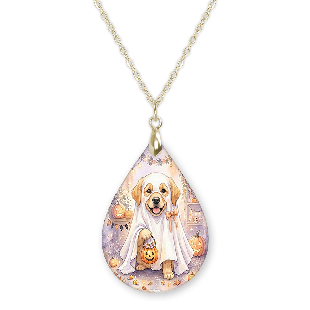 Golden retriever in a ghost costume teardrop necklace on a gold chain