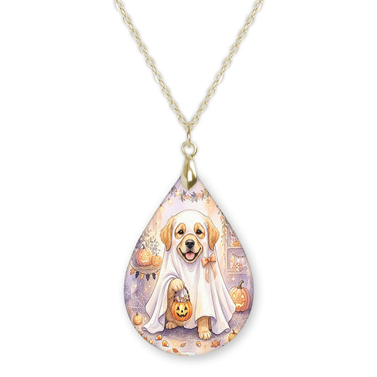 Golden retriever in a ghost costume teardrop necklace on a gold chain