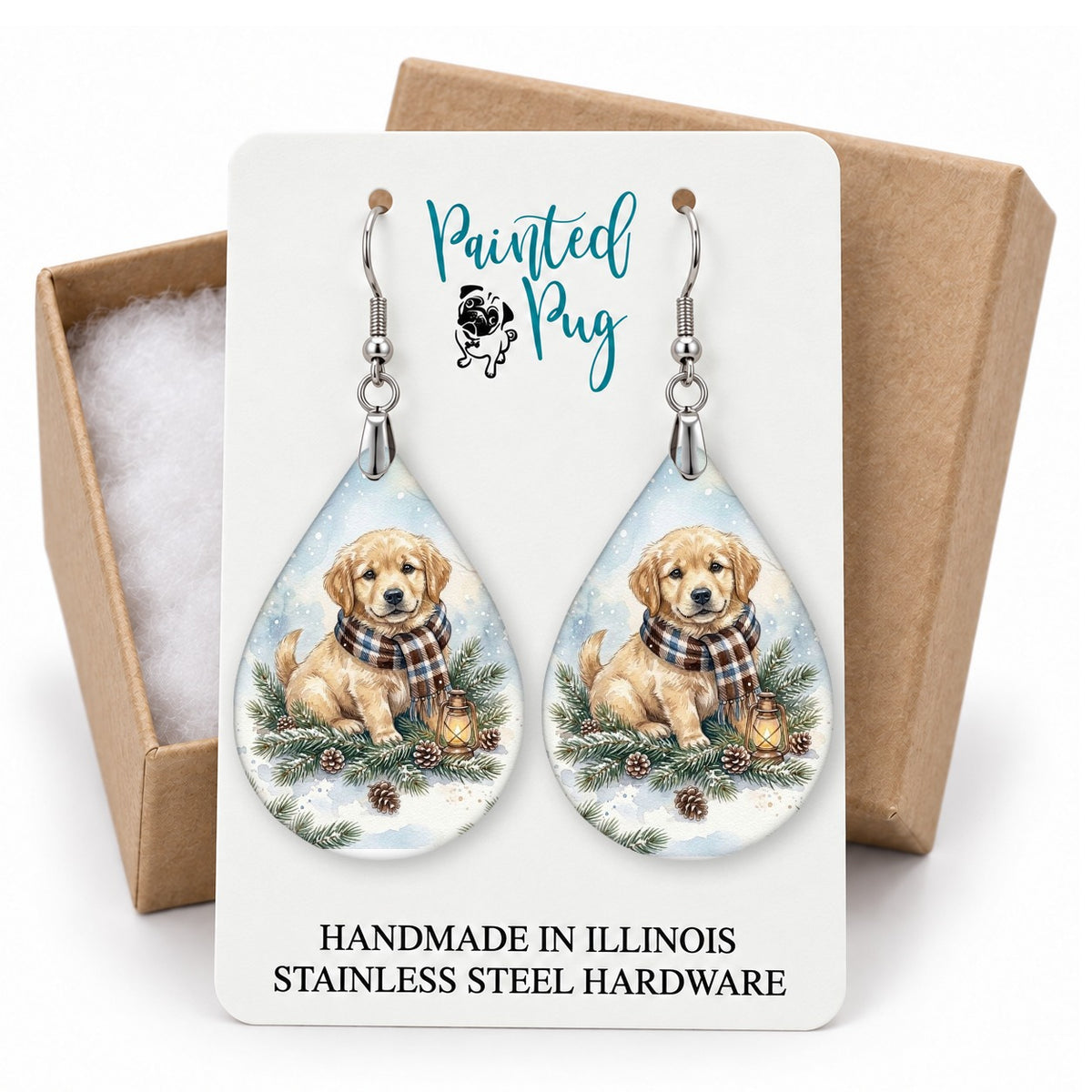 Golden Retriever Winter Woodland teardrop earrings on a gift box card