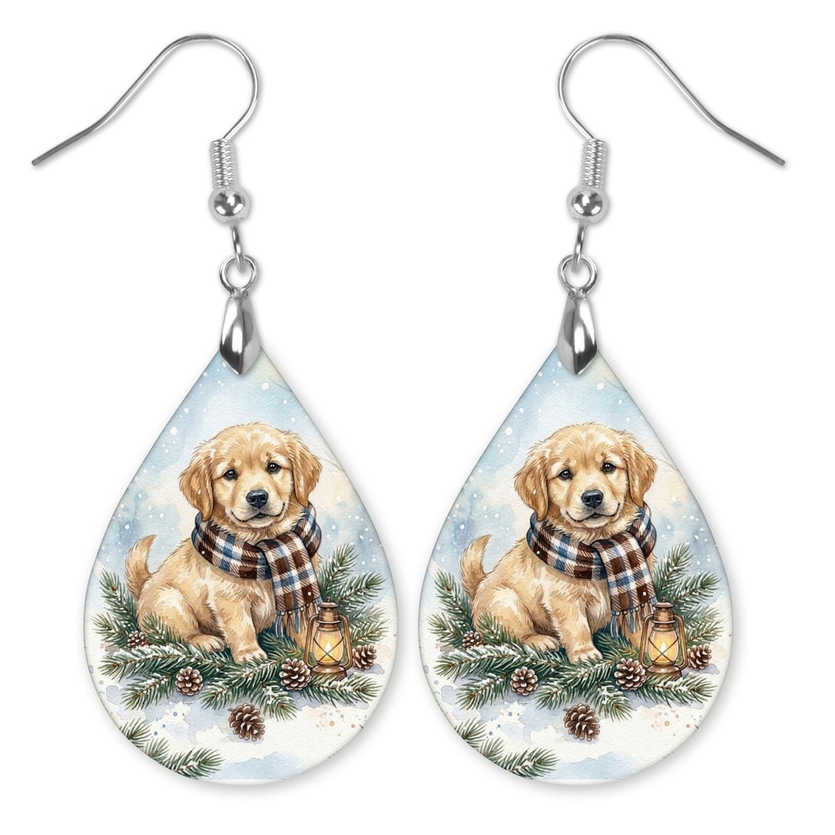 Golden Retriever Winter Woodland teardrop earrings with silver-tone hooks