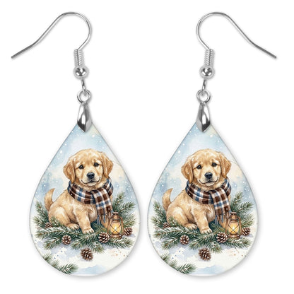 Golden Retriever Winter Woodland teardrop earrings with silver-tone hooks