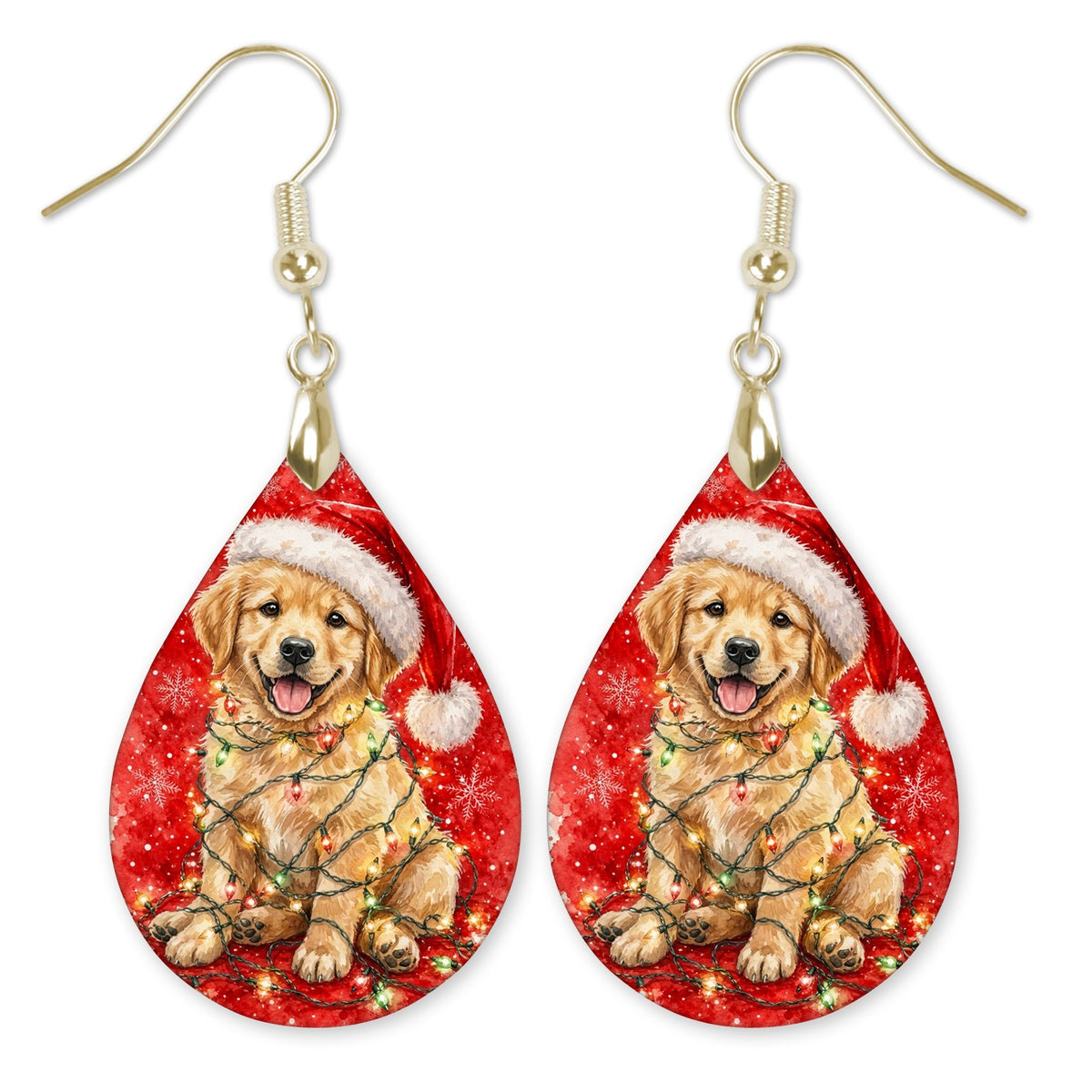 Golden Retriever Christmas Lights teardrop earrings with gold-tone hooks