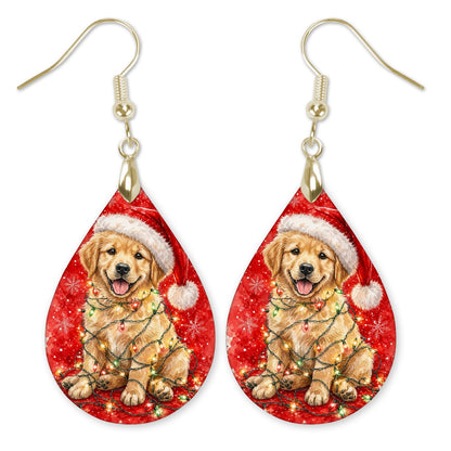 Golden Retriever Christmas Lights teardrop earrings with gold-tone hooks