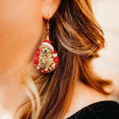 Golden Retriever Christmas Lights teardrop earrings worn by a model, close-up