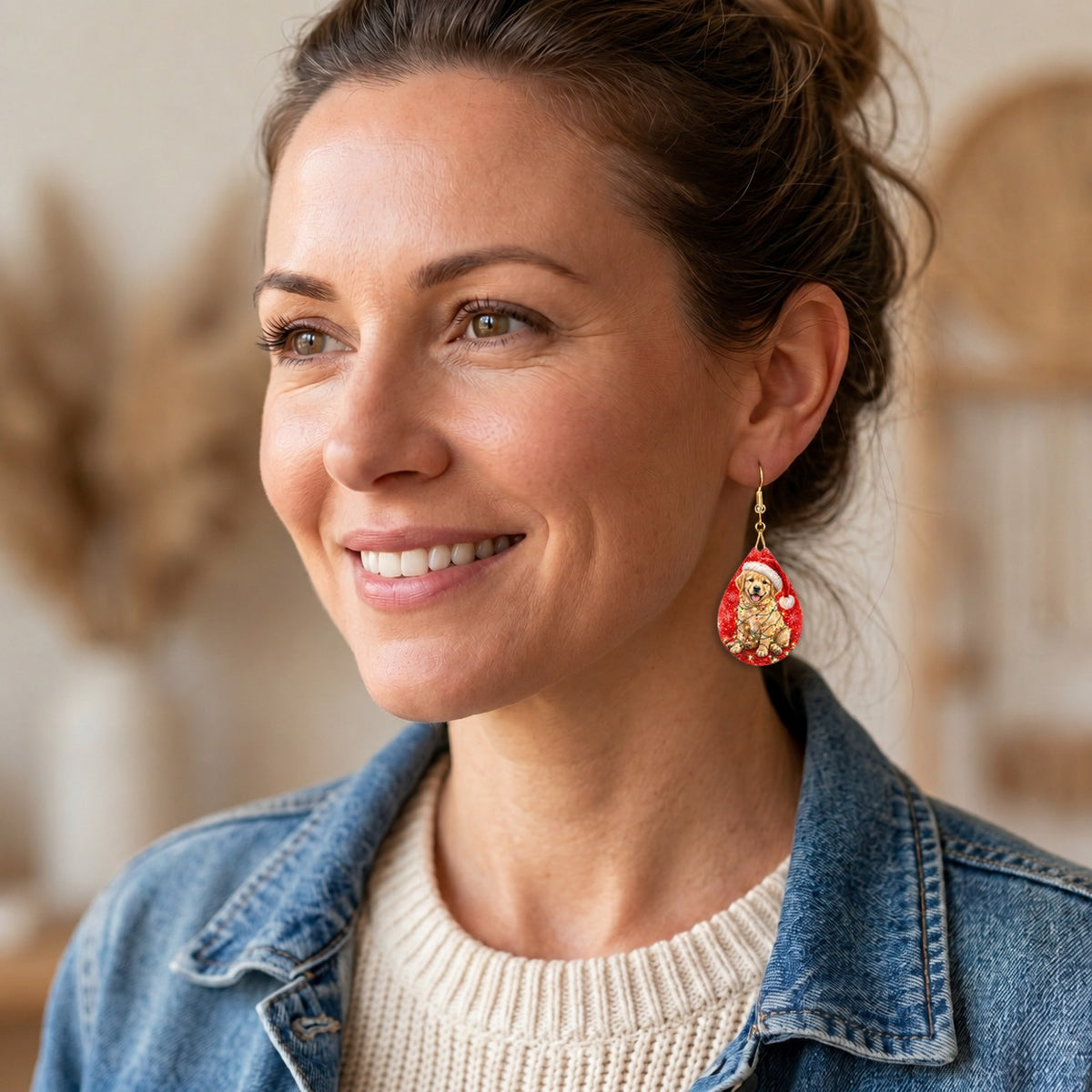 Golden Retriever Christmas Lights teardrop earrings shown on a model