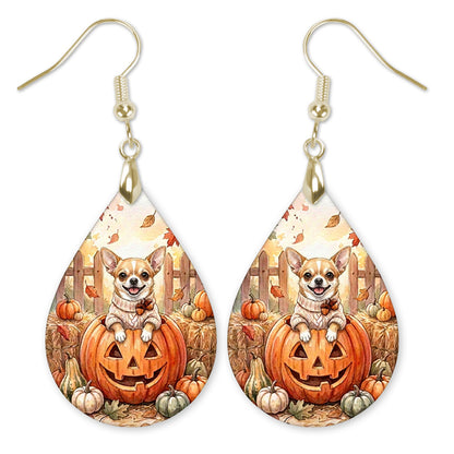 Chihuahua in a jack-o-lantern teardrop earrings with gold hooks