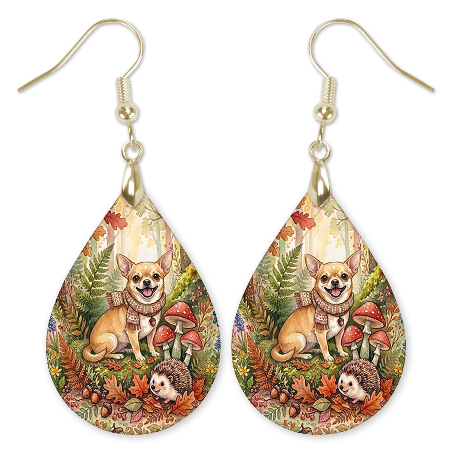 Chihuahua woodland teardrop earrings with gold hooks