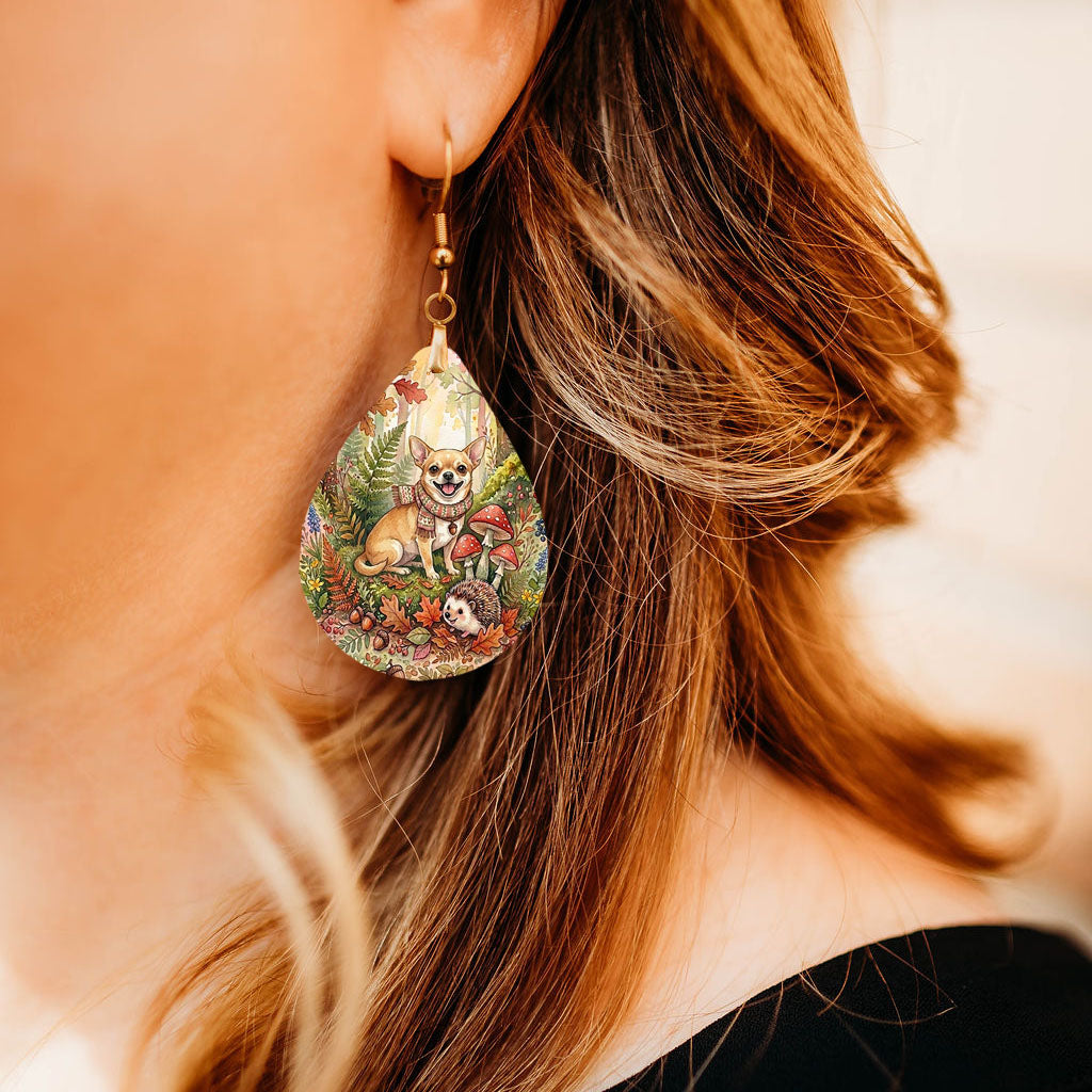 Chihuahua woodland teardrop earrings shown on a model