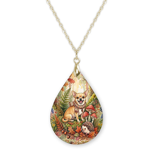 Chihuahua woodland teardrop necklace on a gold chain