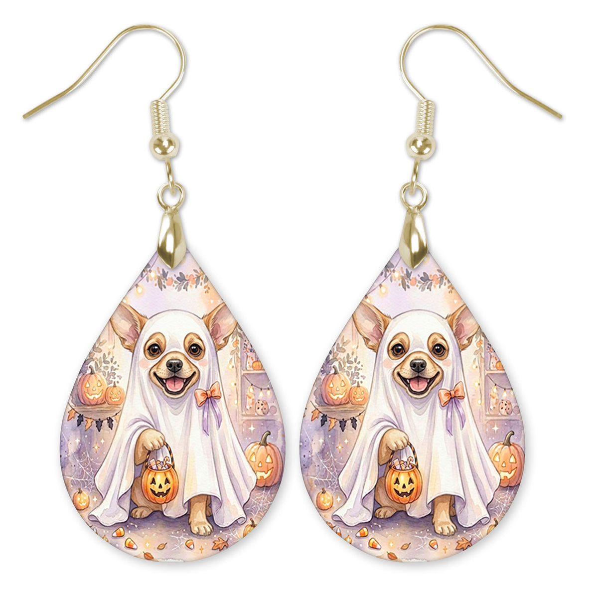 Chihuahua in a ghost costume teardrop earrings with gold hooks