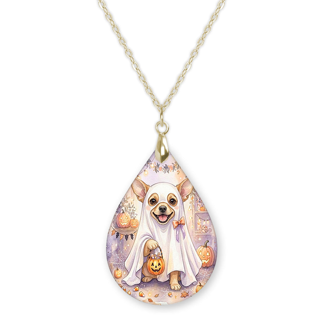 Chihuahua in a ghost costume teardrop necklace on a gold chain