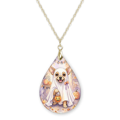 Chihuahua in a ghost costume teardrop necklace on a gold chain