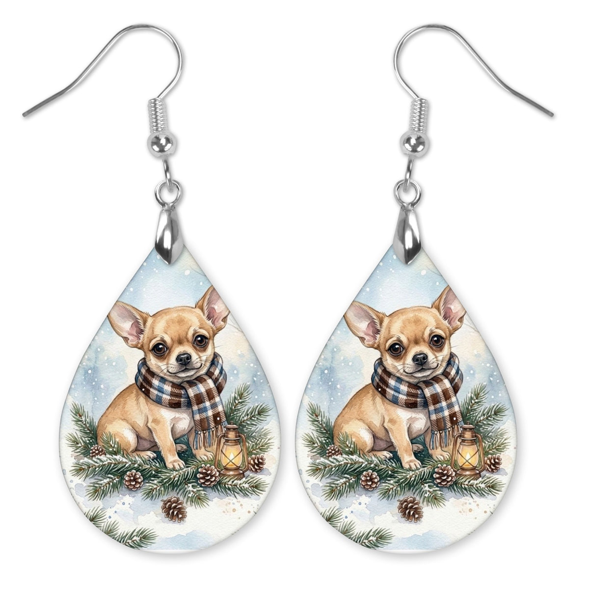 Chihuahua Winter Woodland teardrop earrings with silver-tone hooks
