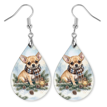 Chihuahua Winter Woodland teardrop earrings with silver-tone hooks