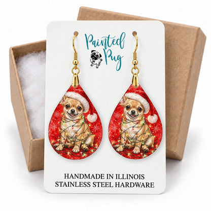Chihuahua Christmas Lights teardrop earrings on a gift box card