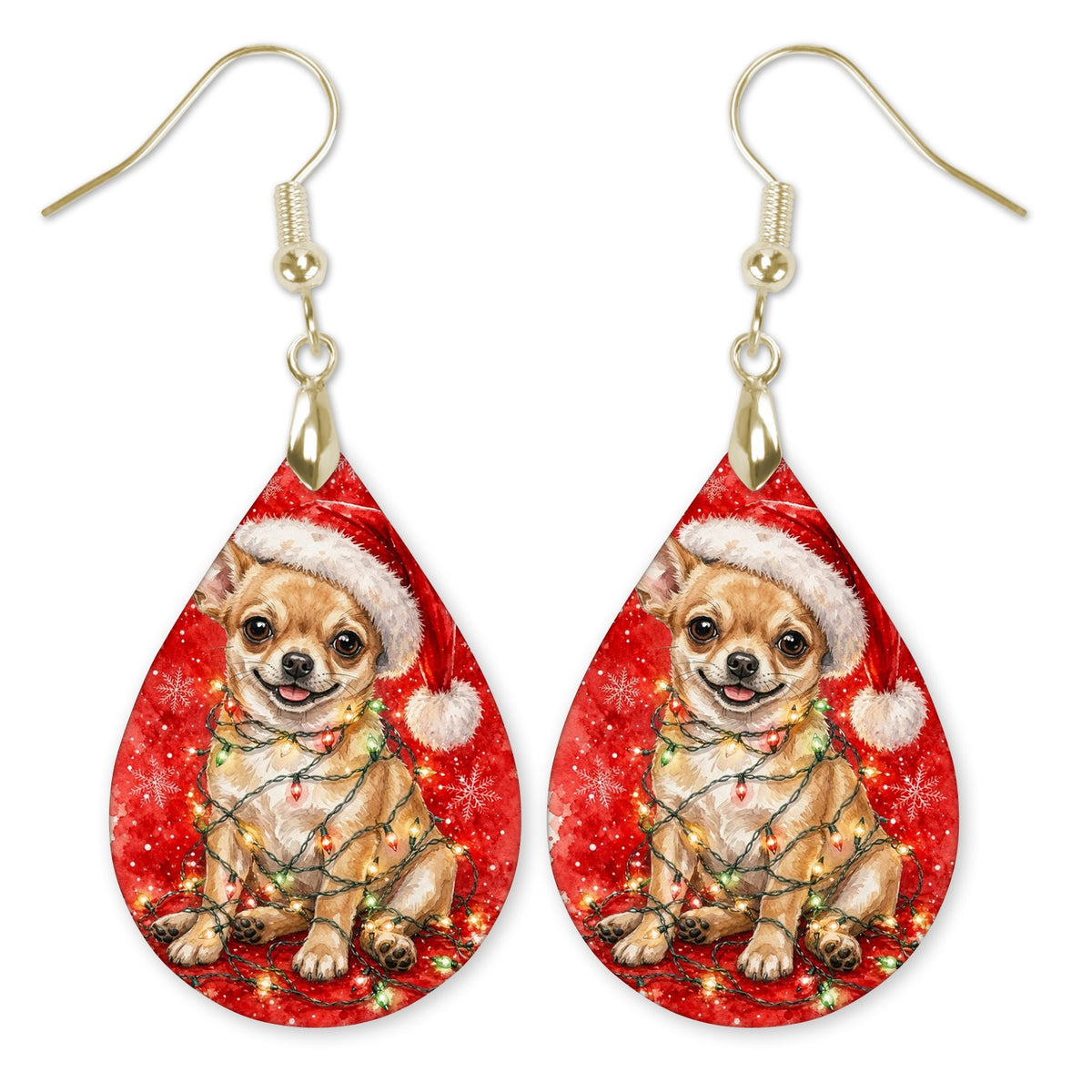 Chihuahua Christmas Lights teardrop earrings with gold-tone hooks