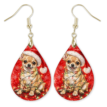 Chihuahua Christmas Lights teardrop earrings with gold-tone hooks