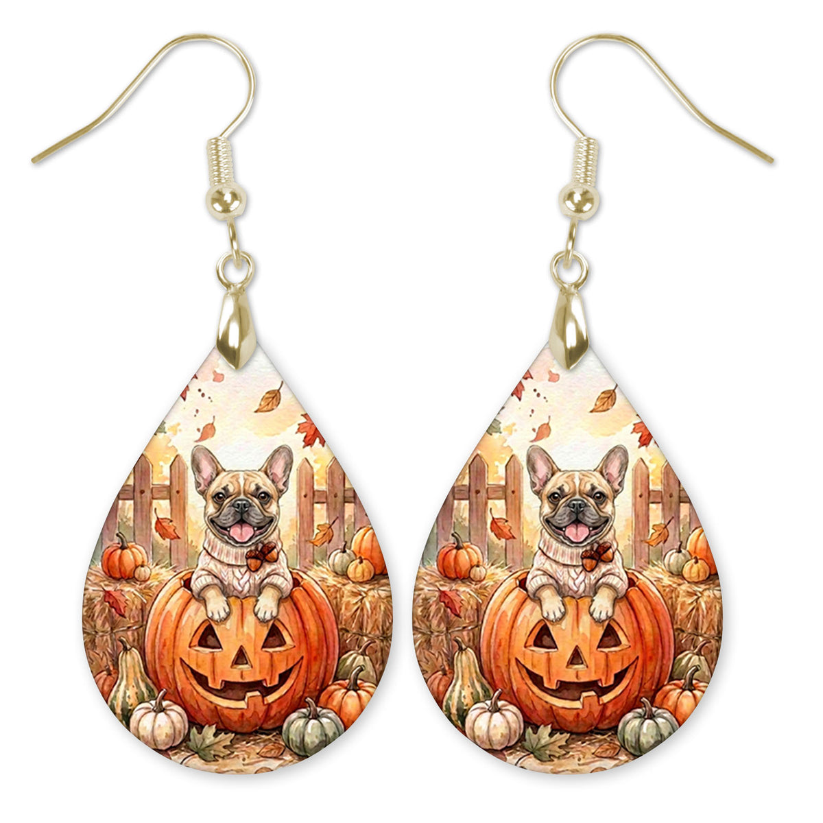 Frenchie in a cream sweater on a jack-o'-lantern teardrop earrings with gold-tone hooks