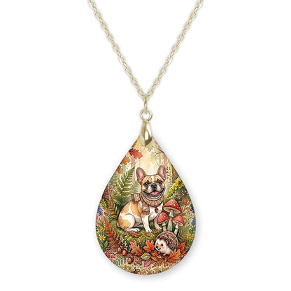 Tan Frenchie woodland teardrop pendant necklace on a gold-tone chain