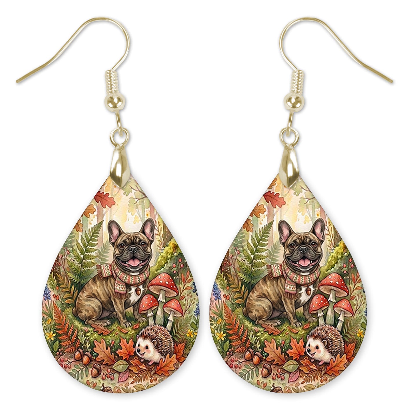 Brown brindle Frenchie in an autumn woodland teardrop earrings with gold-tone hooks