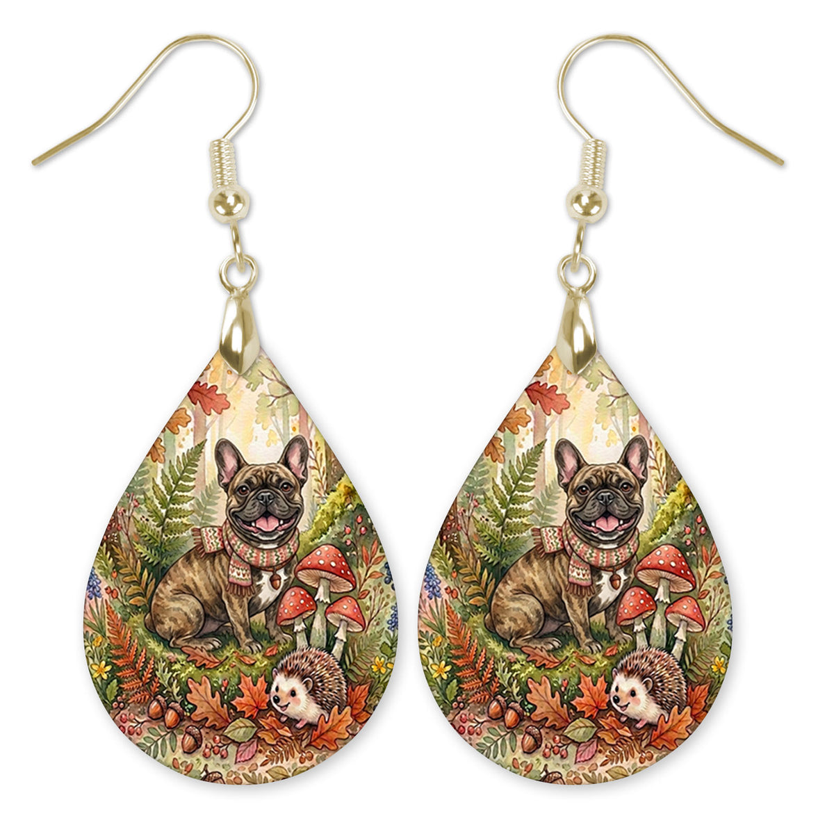 Brown brindle Frenchie in an autumn woodland teardrop earrings with gold-tone hooks
