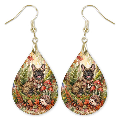 Brown brindle Frenchie in an autumn woodland teardrop earrings with gold-tone hooks