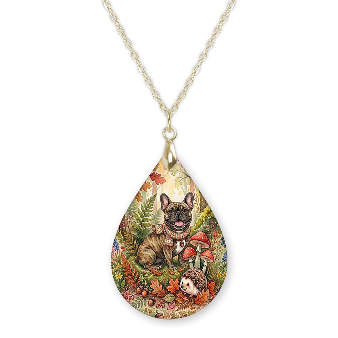 Brown Frenchie woodland teardrop pendant necklace on a gold-tone chain