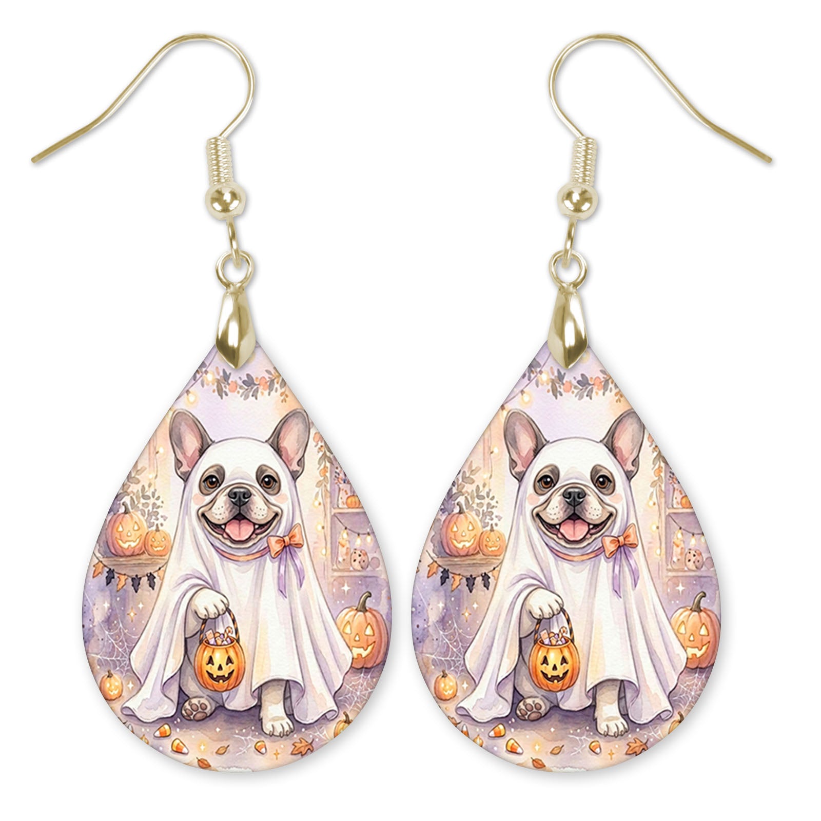 Frenchie in a ghost costume with a candy bucket teardrop earrings with gold-tone hooks