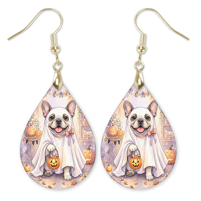 Frenchie in a ghost costume with a candy bucket teardrop earrings with gold-tone hooks
