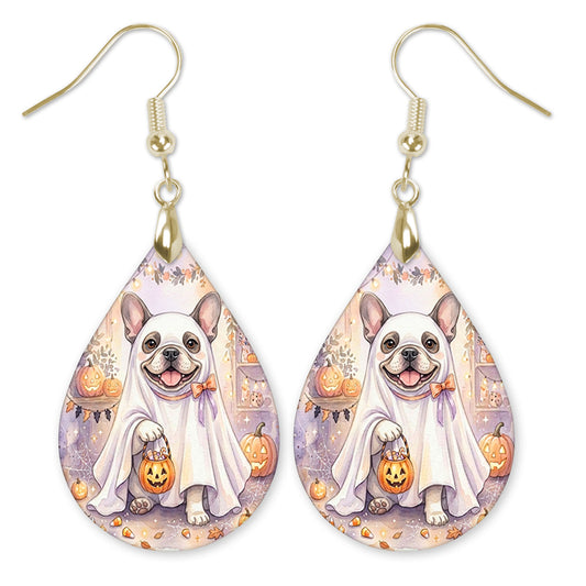 Frenchie in a ghost costume with a candy bucket teardrop earrings with gold-tone hooks