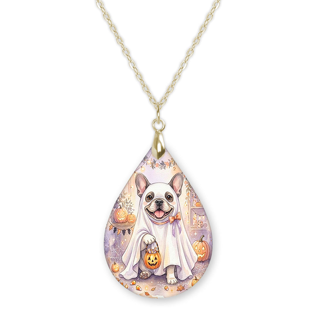 Frenchie ghost teardrop pendant necklace on a gold-tone chain