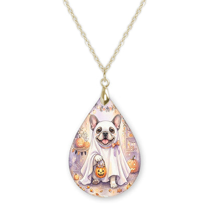 Frenchie ghost teardrop pendant necklace on a gold-tone chain