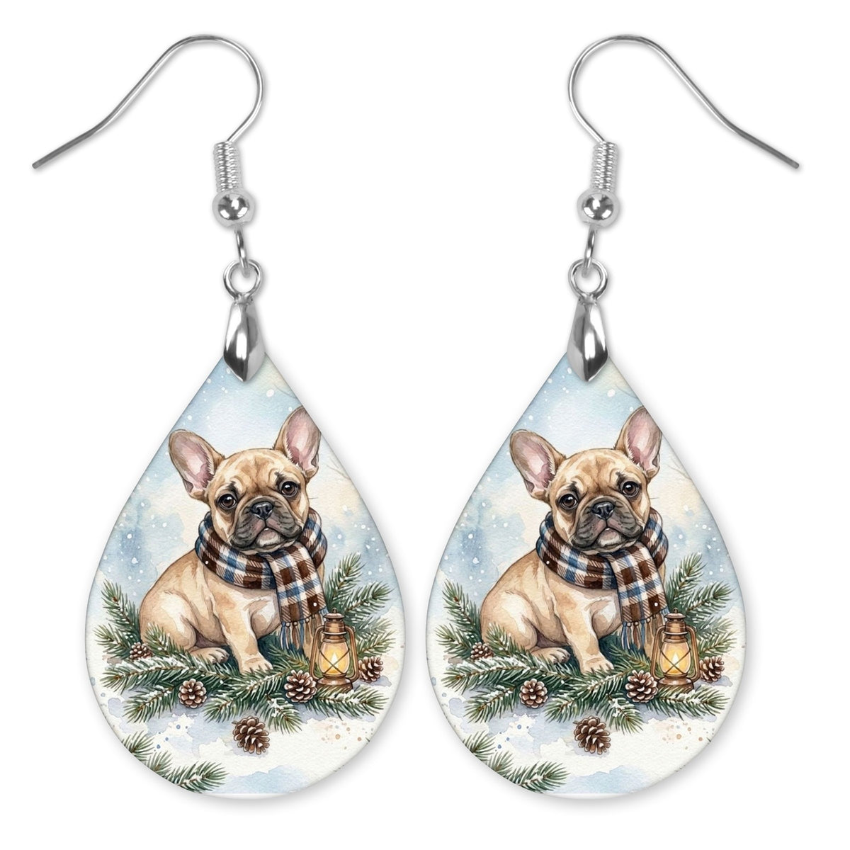 Tan Frenchie Winter Woodland teardrop earrings with silver-tone hooks