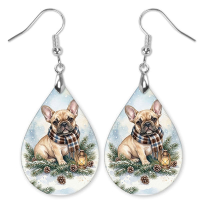 Tan Frenchie Winter Woodland teardrop earrings with silver-tone hooks