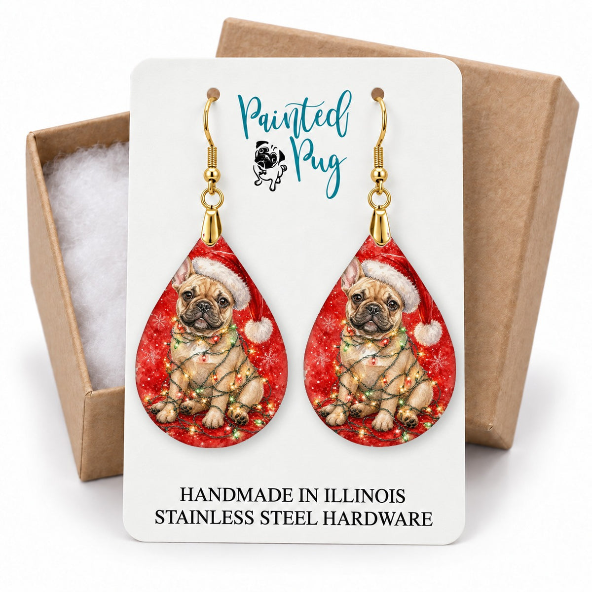 Tan Frenchie Christmas Lights teardrop earrings on a gift box card