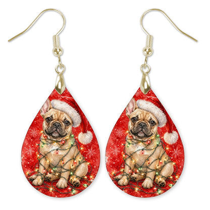 Tan Frenchie Christmas Lights teardrop earrings with gold-tone hooks