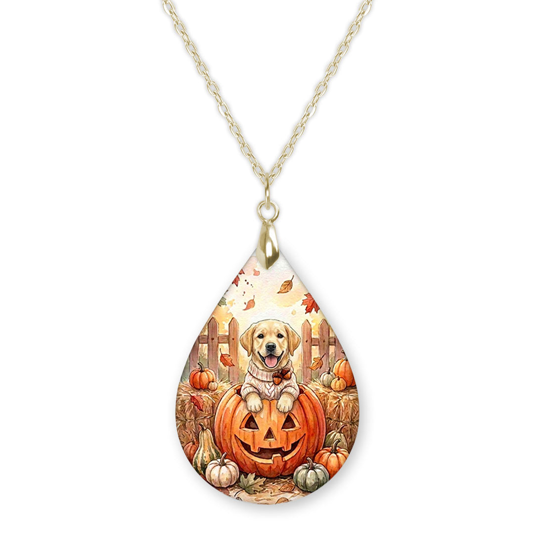 Yellow Lab pumpkin teardrop pendant necklace on a gold-tone chain