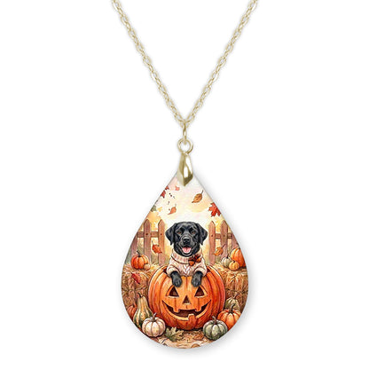 Black Lab pumpkin teardrop pendant necklace on a gold-tone chain