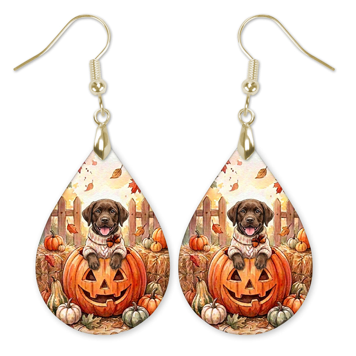 Chocolate Lab in a cream sweater on a jack-o'-lantern teardrop earrings with gold-tone hooks